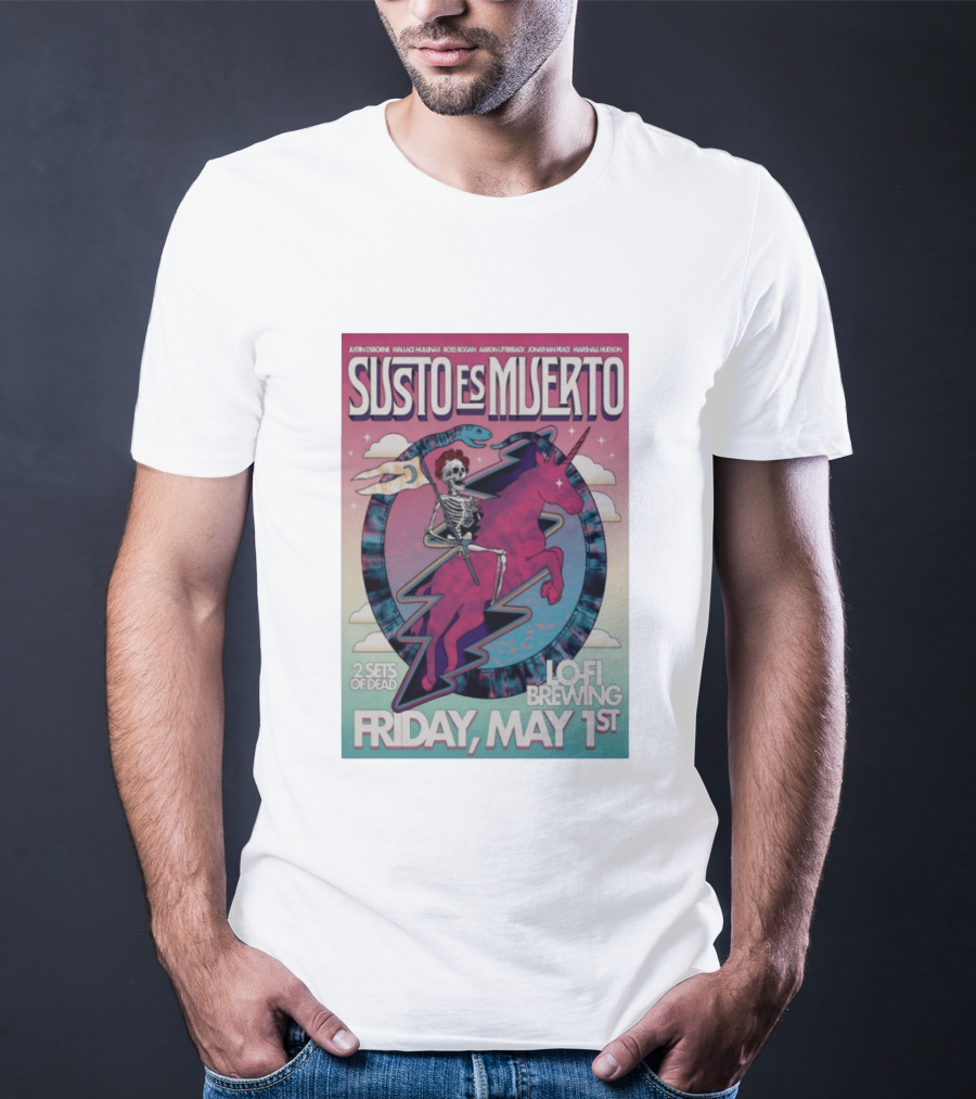 Susto Es Muerto Lofi Brewing May 1st Skeleton Riding Pegasus T-Shirt