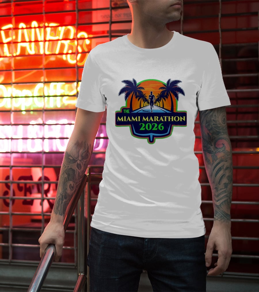 The Miami Marathon 2026 Palm Trees Sunset Runner T-Shirt
