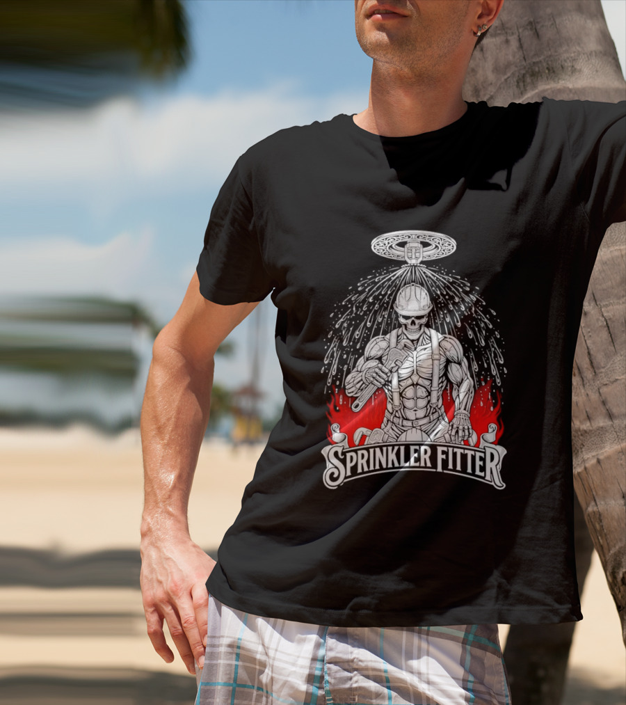 Skeleton Sprinkler Fitter With Fiery T-Shirt
