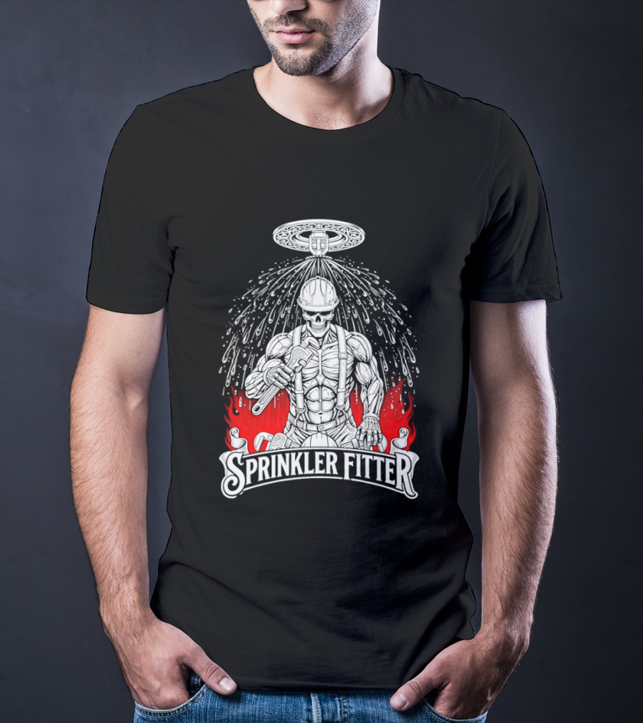 Skeleton Sprinkler Fitter With Fiery T-Shirt