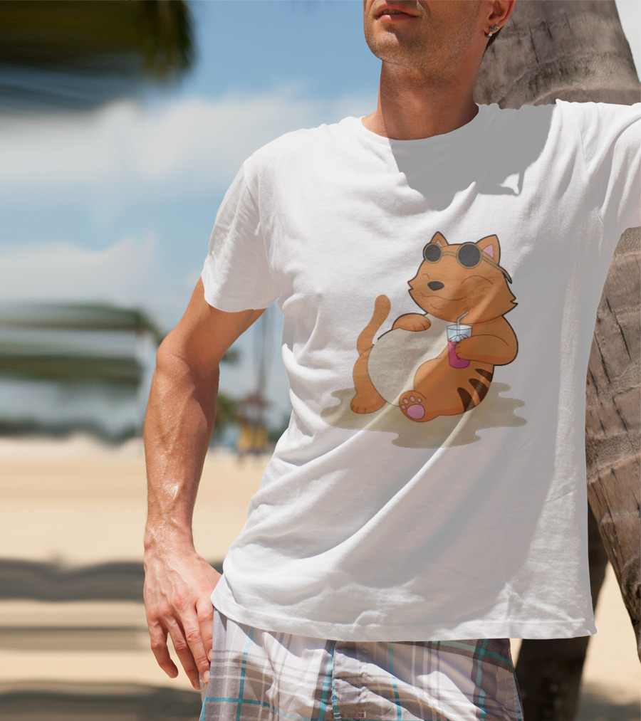 Cat Relaxing With Sunglasses And Drink On Beach Summer Vibes T-Shirt