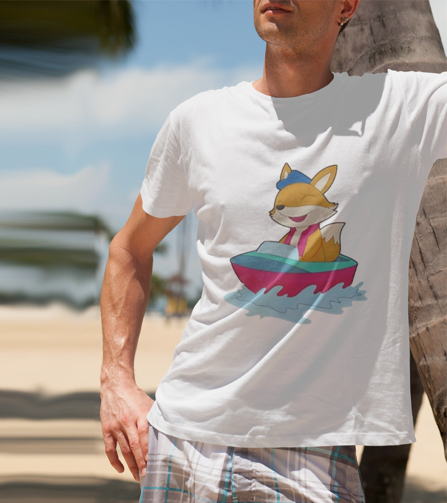 Cheerful Fox Sailing In Colorful Boat With Blue Hat And Pink Life Vest T-Shirt