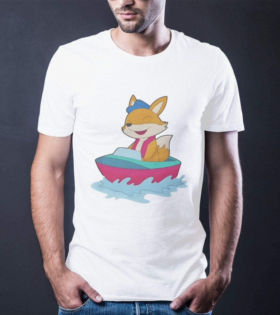 Cheerful Fox Sailing In Colorful Boat With Blue Hat And Pink Life Vest T-Shirt