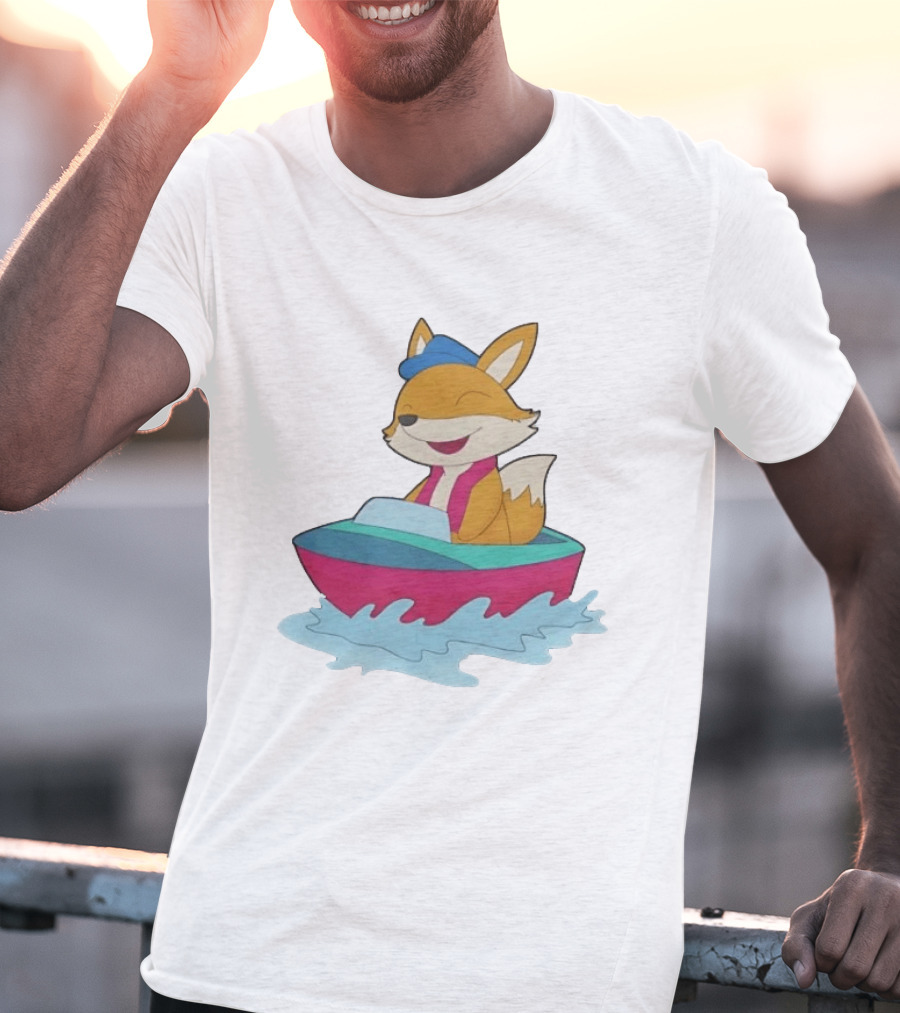 Cheerful Fox Sailing In Colorful Boat With Blue Hat And Pink Life Vest T-Shirt