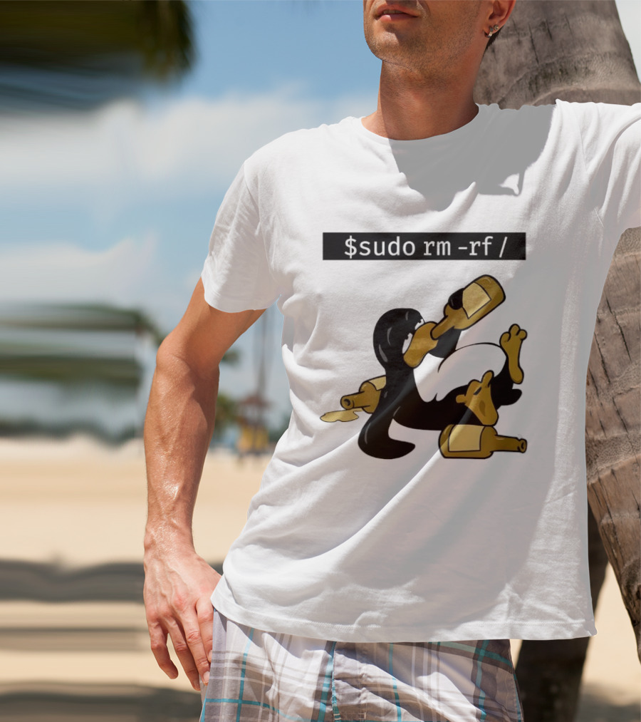 Penguin Linux Tux Drunk Sudo Rm Rf Command Bottles T-Shirt