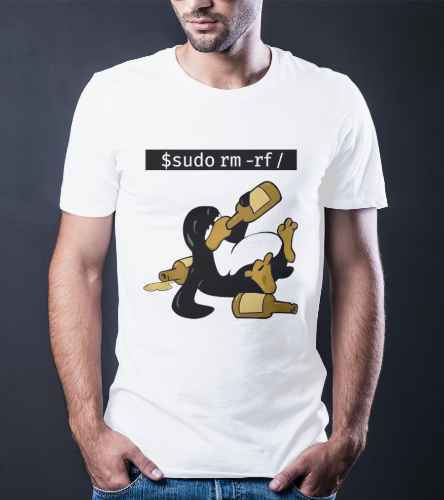 Penguin Linux Tux Drunk Sudo Rm Rf Command Bottles T-Shirt