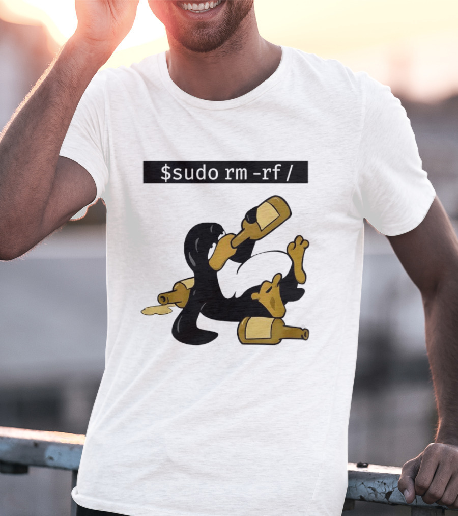 Penguin Linux Tux Drunk Sudo Rm Rf Command Bottles T-Shirt