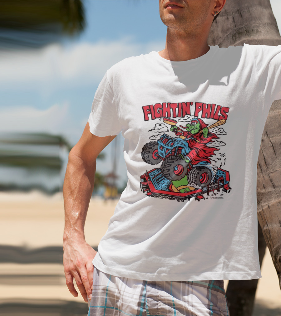 Fightin' Phils Monster Truck Creature Riding Over Baseball Stadium With Bats T-Shirt