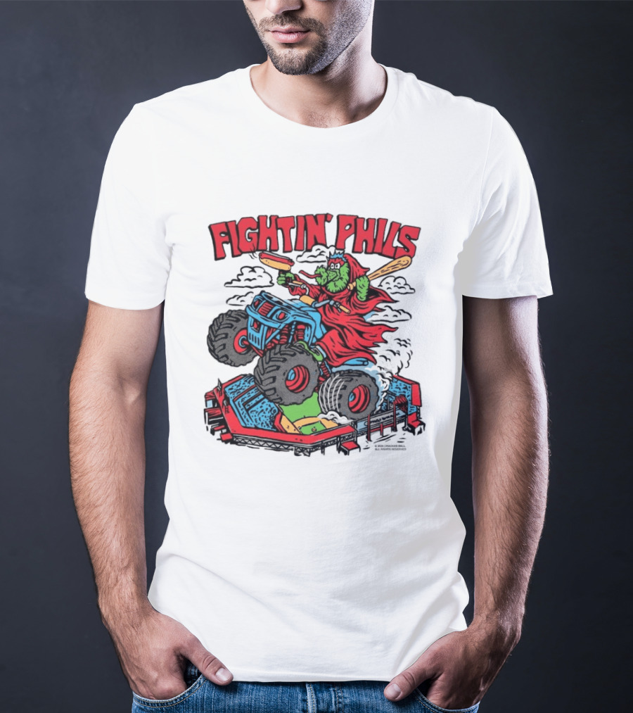 Fightin' Phils Monster Truck Creature Riding Over Baseball Stadium With Bats T-Shirt
