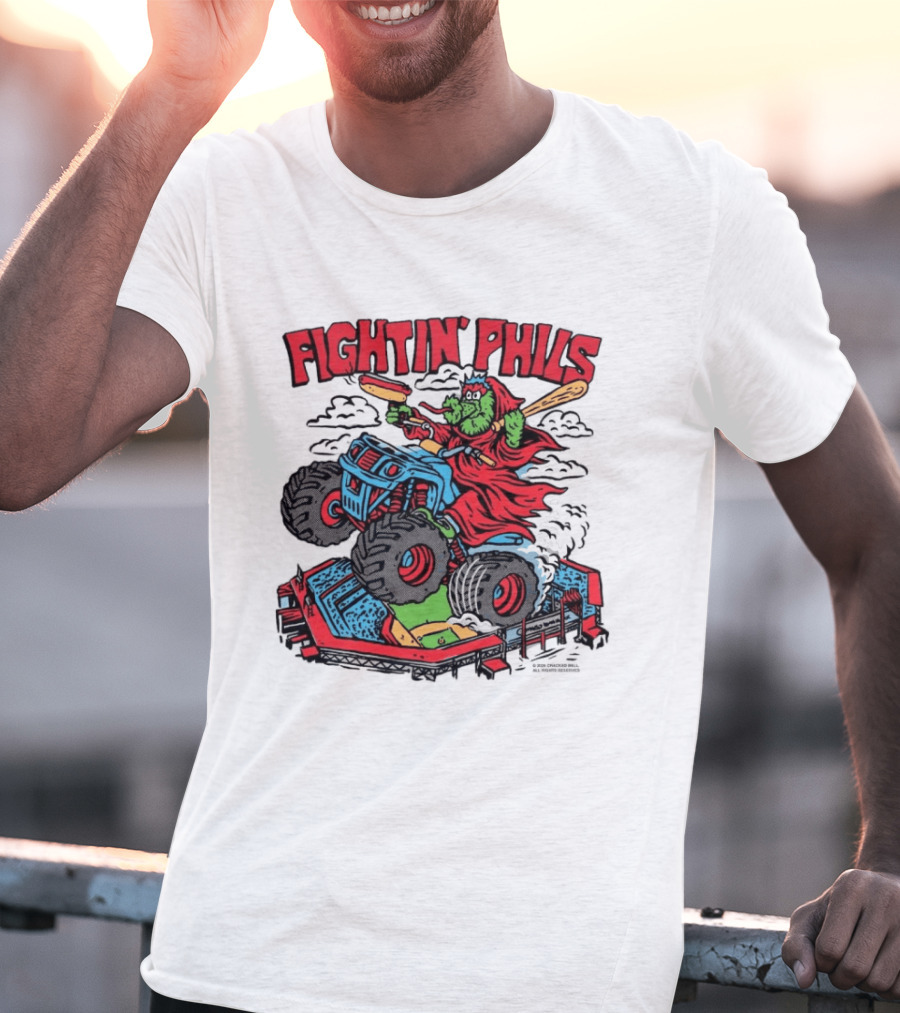 Fightin' Phils Monster Truck Creature Riding Over Baseball Stadium With Bats T-Shirt