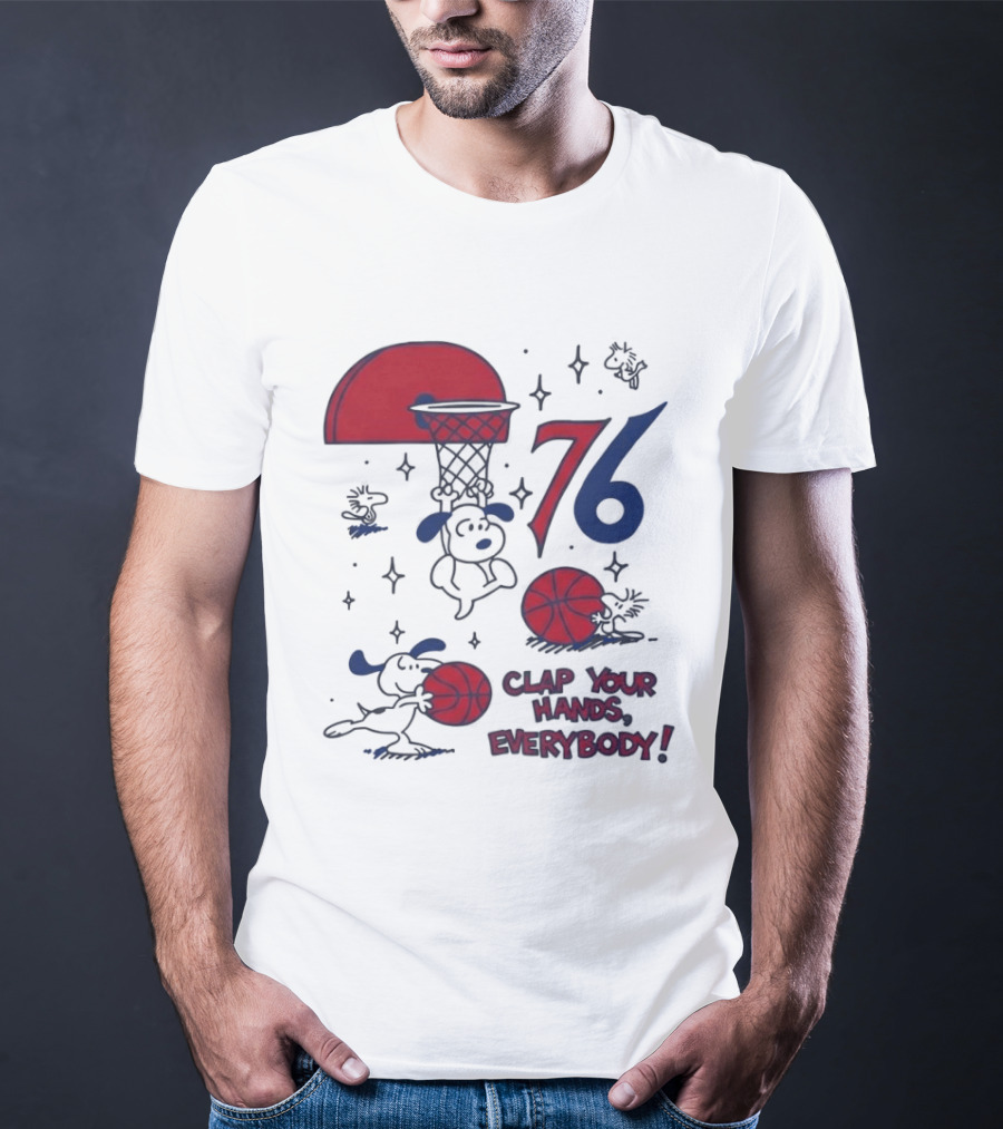 Snoopy Philadelphia 76ers Clap Your Hands Everybody Basketball Theme With Red And Blue T-Shirt