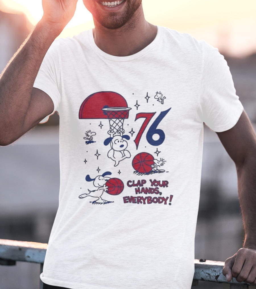 Snoopy Philadelphia 76ers Clap Your Hands Everybody Basketball Theme With Red And Blue T-Shirt