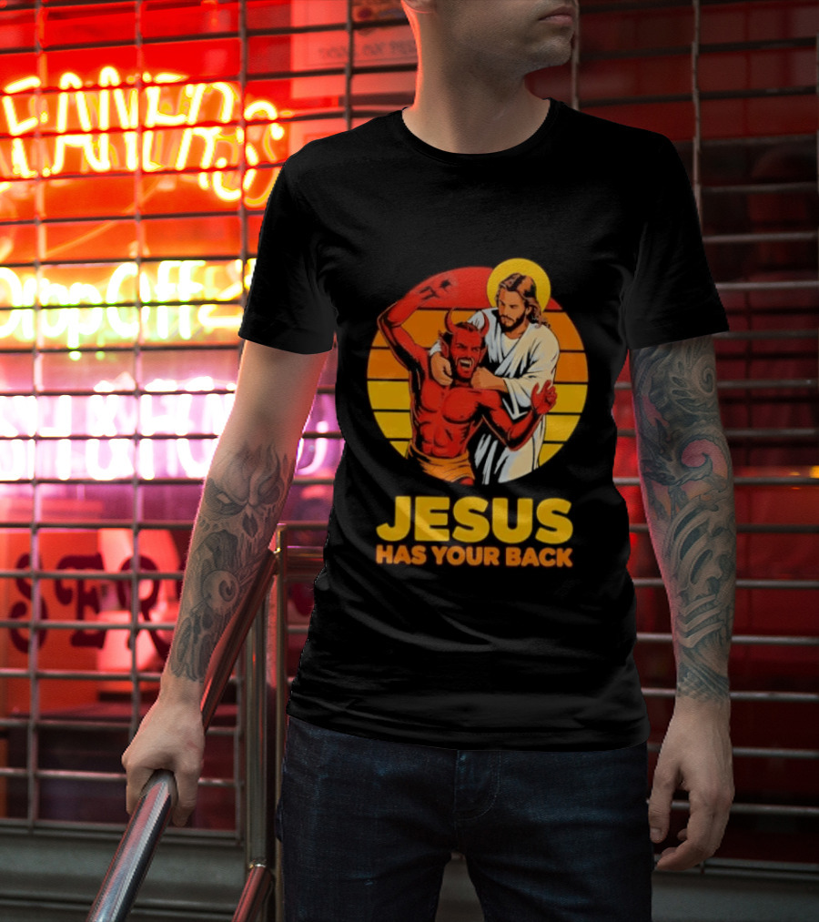 Jesus Has Your Back Vintage Illustration With Devil And Halo Symbolism T-Shirt