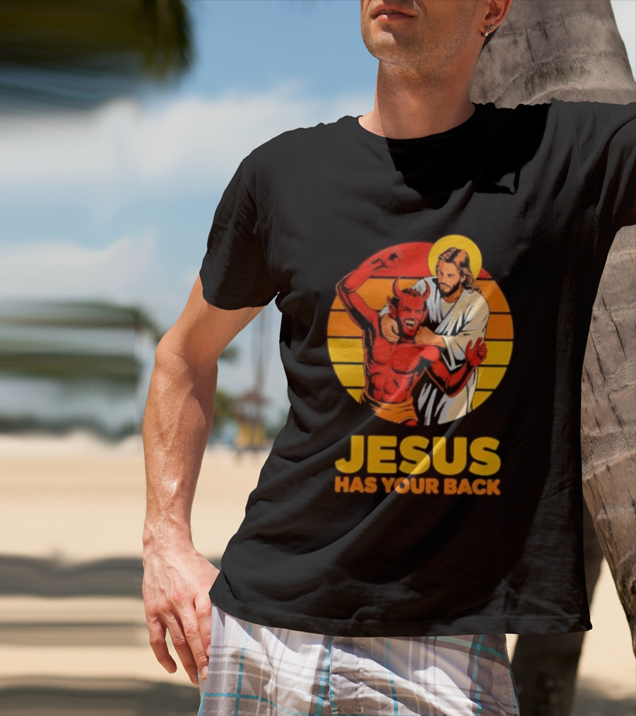 Jesus Has Your Back Vintage Illustration With Devil And Halo Symbolism T-Shirt