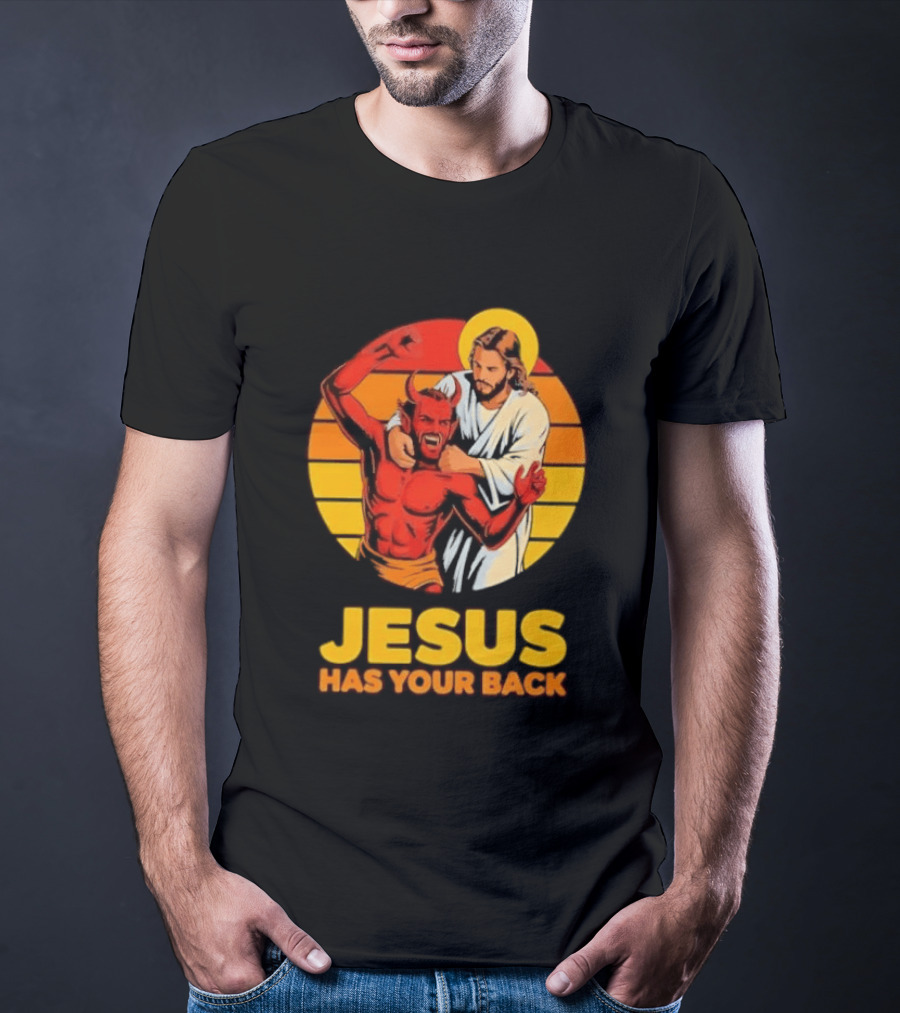 Jesus Has Your Back Vintage Illustration With Devil And Halo Symbolism T-Shirt