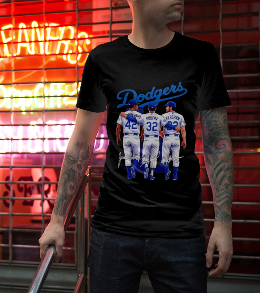 Los Angeles Dodgers Legendary Trio Jackie Robinson Sandy Koufax Clayton Kershaw Signatures T-Shirt