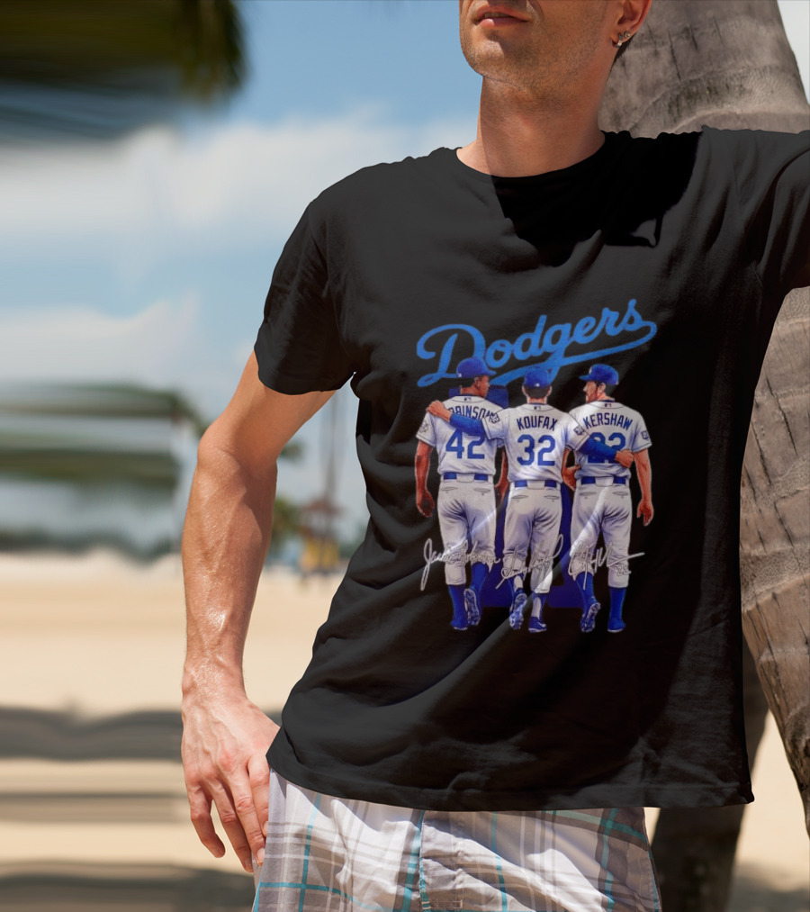 Los Angeles Dodgers Legendary Trio Jackie Robinson Sandy Koufax Clayton Kershaw Signatures T-Shirt