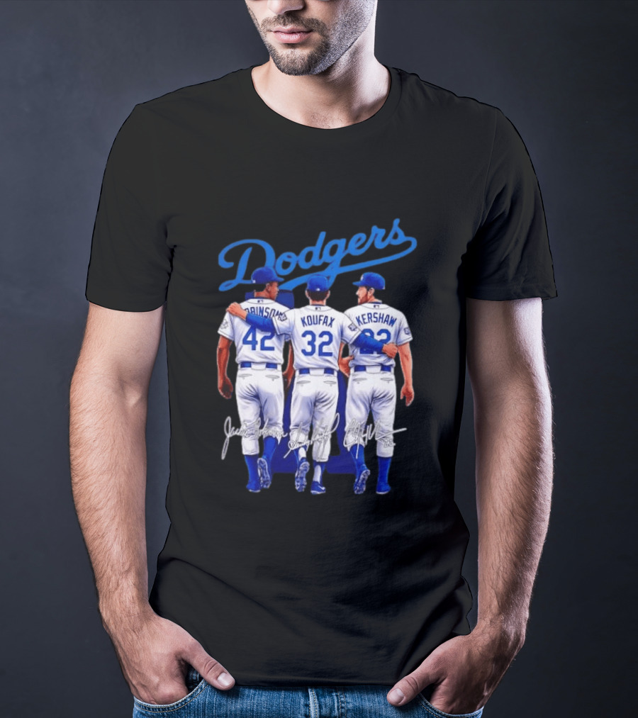 Los Angeles Dodgers Legendary Trio Jackie Robinson Sandy Koufax Clayton Kershaw Signatures T-Shirt