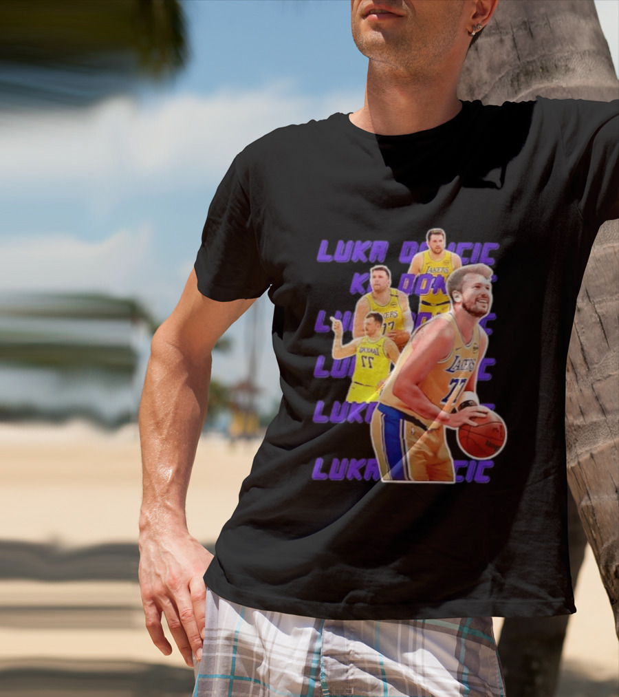Luka Doncic Lakers 77 Action Shot Multiple Pose Purple Basketball Display T-Shirt