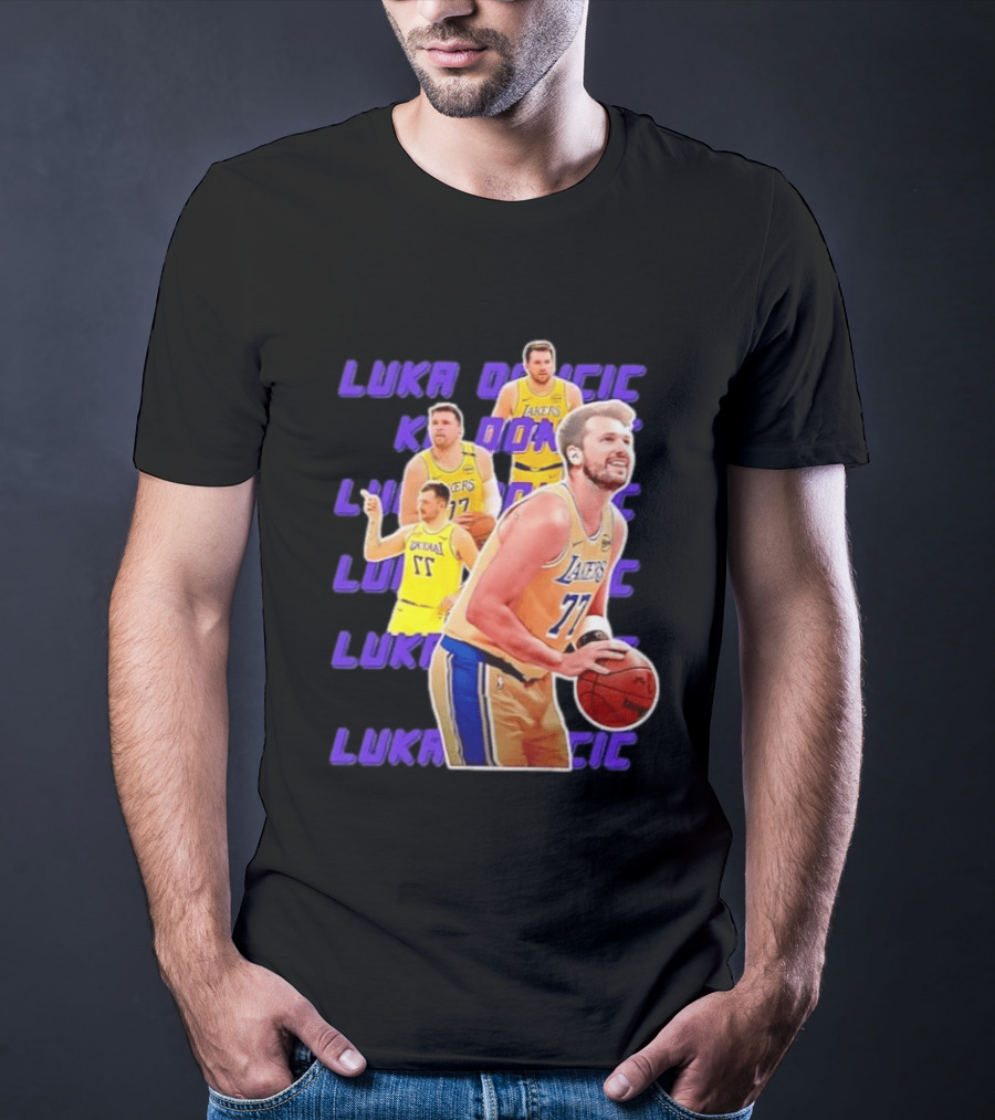 Luka Doncic Lakers 77 Action Shot Multiple Pose Purple Basketball Display T-Shirt