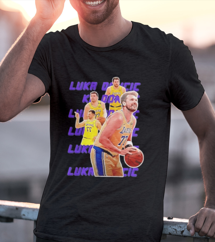 Luka Doncic Lakers 77 Action Shot Multiple Pose Purple Basketball Display T-Shirt
