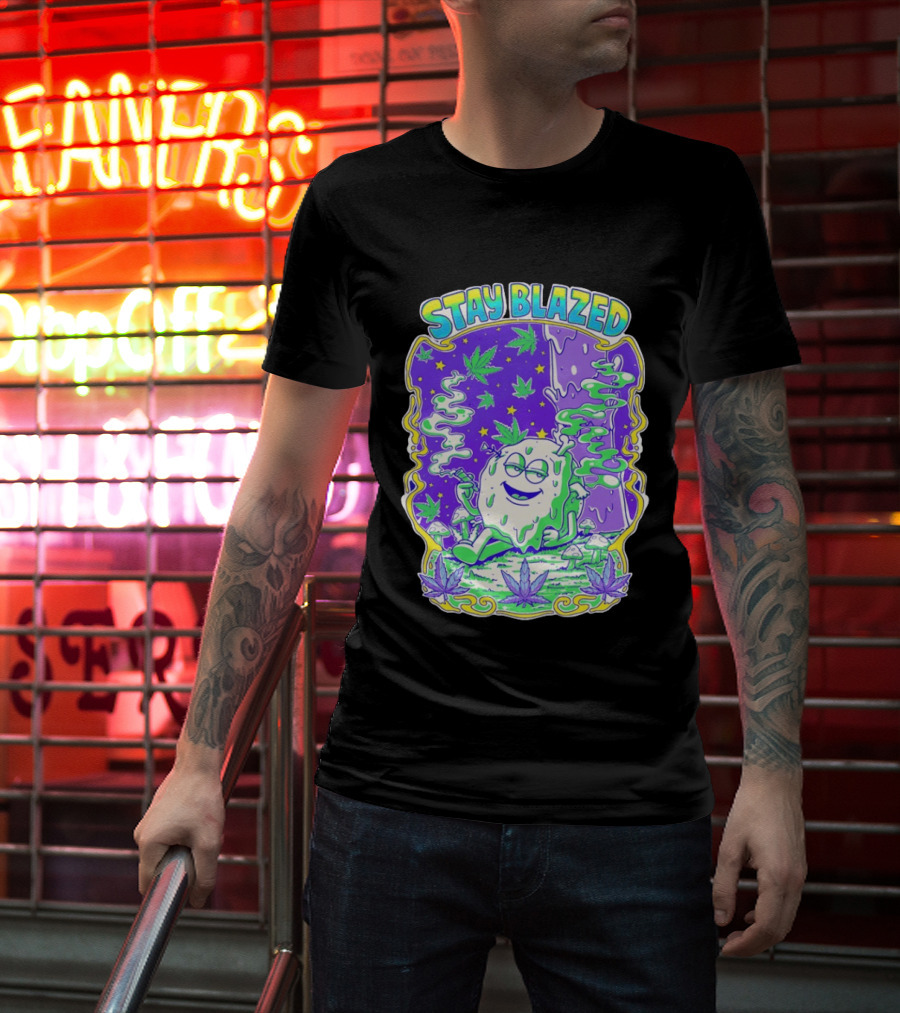 Stay Blazed Trippy Cannabis Character Psychedelic Art Leafs And Mushrooms T-Shirt