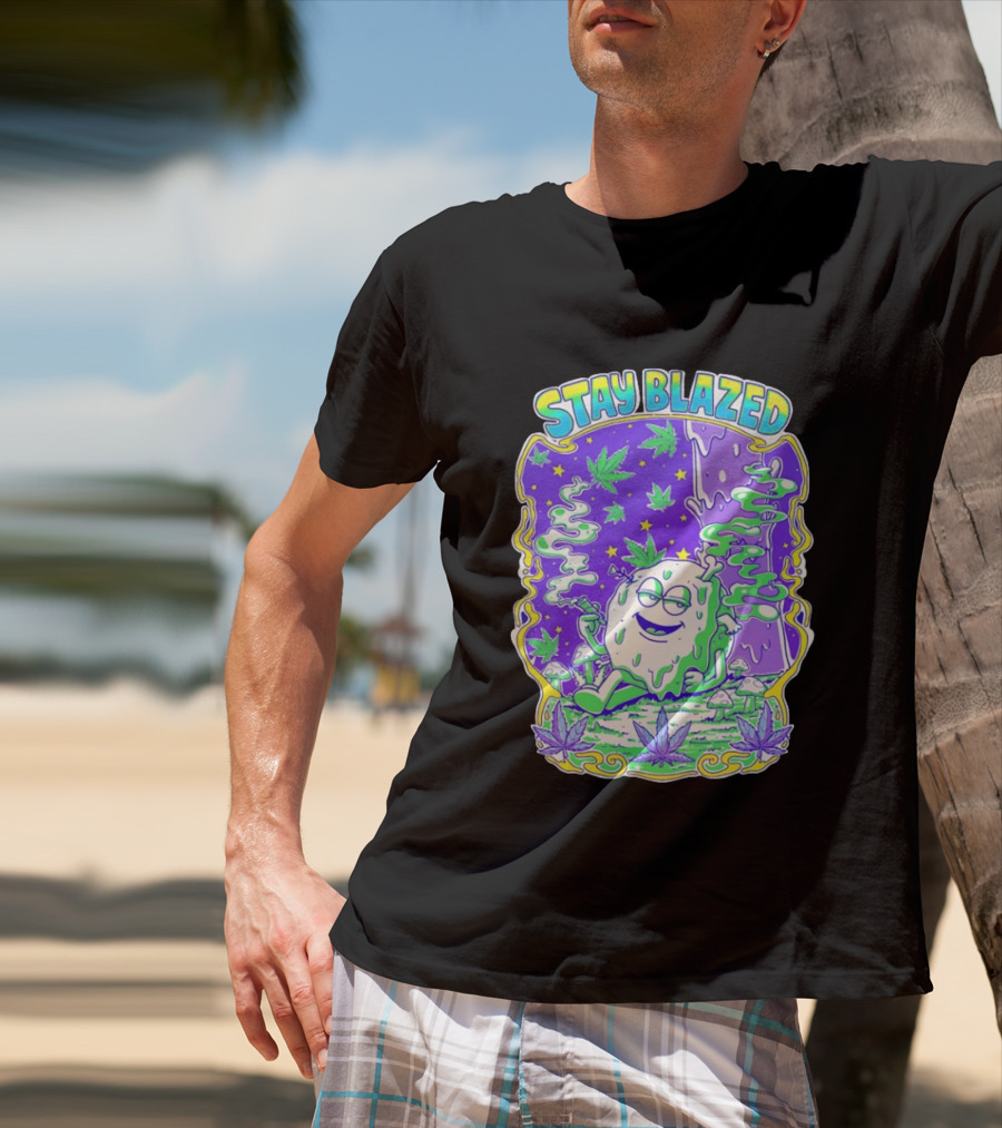 Stay Blazed Trippy Cannabis Character Psychedelic Art Leafs And Mushrooms T-Shirt