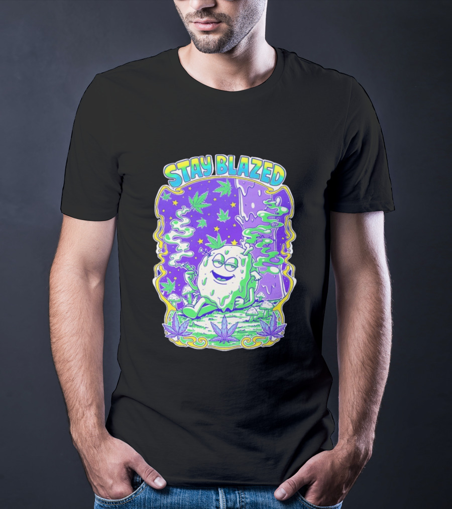Stay Blazed Trippy Cannabis Character Psychedelic Art Leafs And Mushrooms T-Shirt
