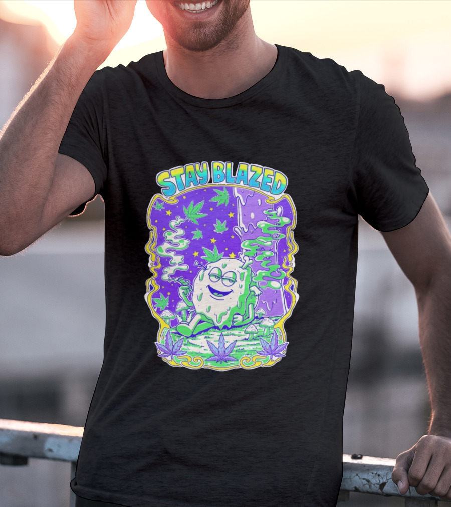 Stay Blazed Trippy Cannabis Character Psychedelic Art Leafs And Mushrooms T-Shirt