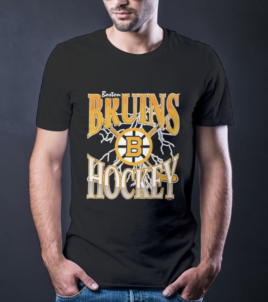 Boston Bruins Hockey B Logo Crossed Sticks Lightning T-Shirt