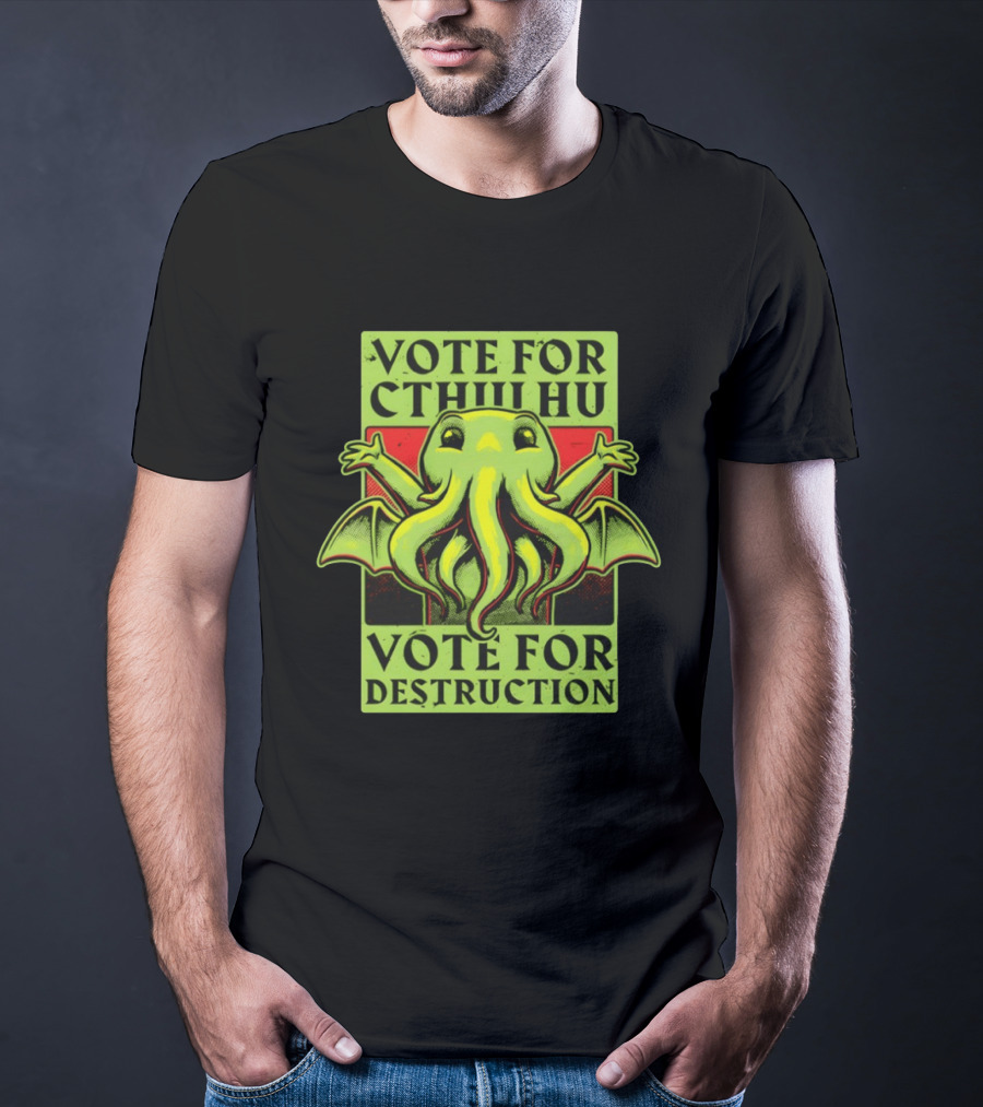 Vote For Cthulhu For Destruction Cartoon Alien Creature With Tentacles And Wings T-Shirt
