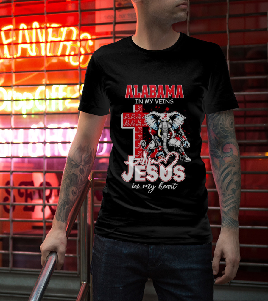 Alabama Crimson Tide In My Veins Jesus In My Heart Elephant Cross T-Shirt