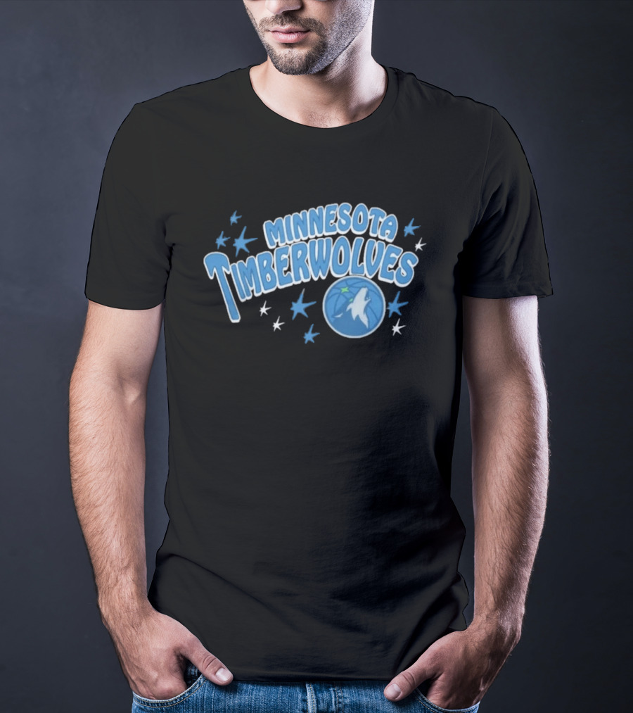 Minnesota Timberwolves Starter Black Fireworks Starry Blue Basketball Wolf T-Shirt