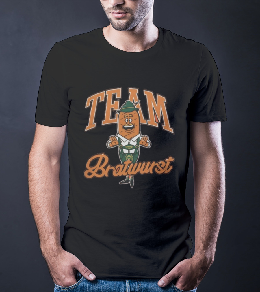 Team Bratwurst Burnt Orange Oktoberfest Character Lederhosen T-Shirt