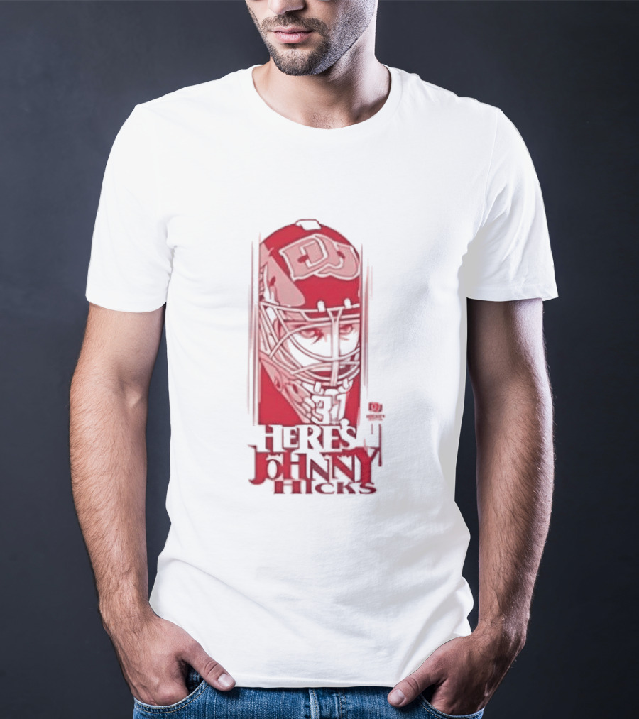 Here's Johnny Hicks Denver Pioneers Men's Ice Hockey Mask DJ T-Shirt