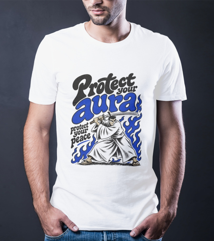 Protect Your Aura Samurai Protect Your Peace Blue Flames T-Shirt