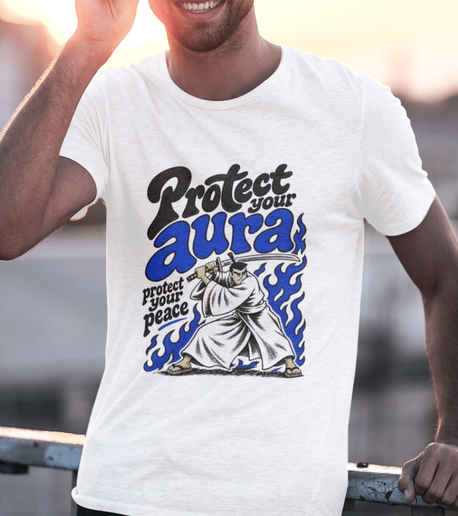 Protect Your Aura Samurai Protect Your Peace Blue Flames T-Shirt