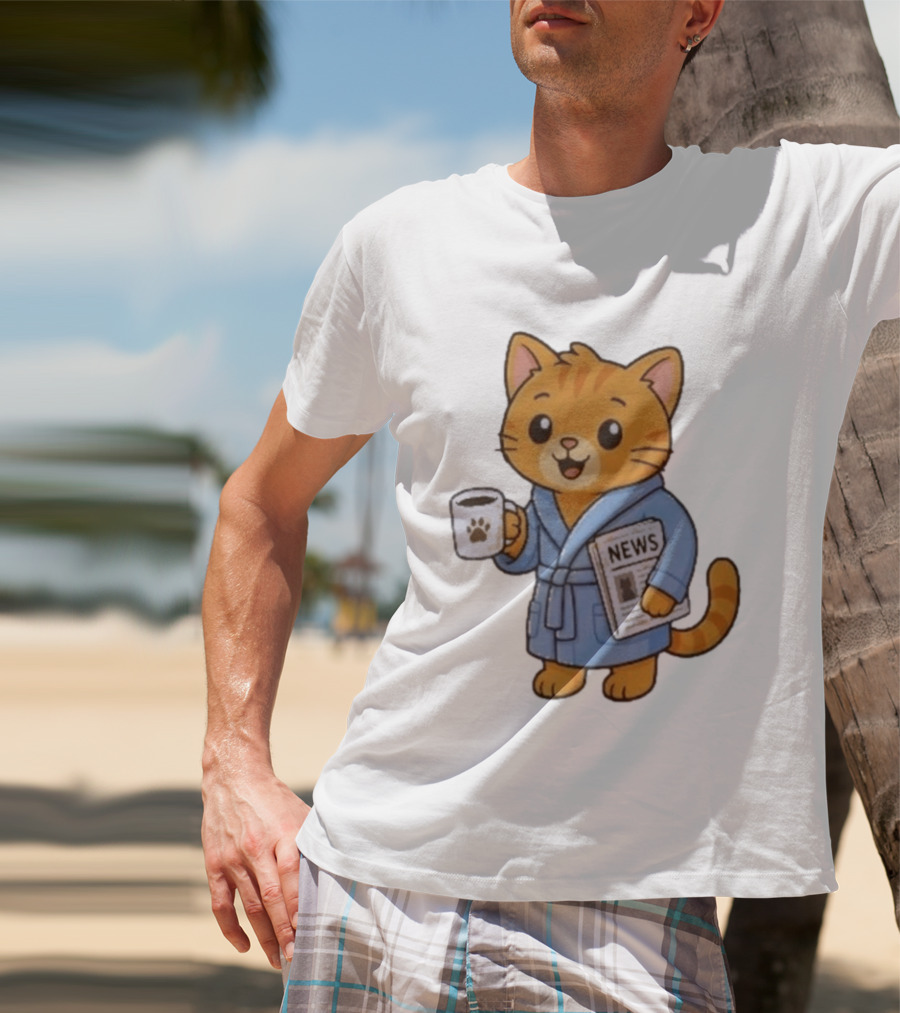 Cat In Bathrobe With Coffee And Newspaper T-Shirt
