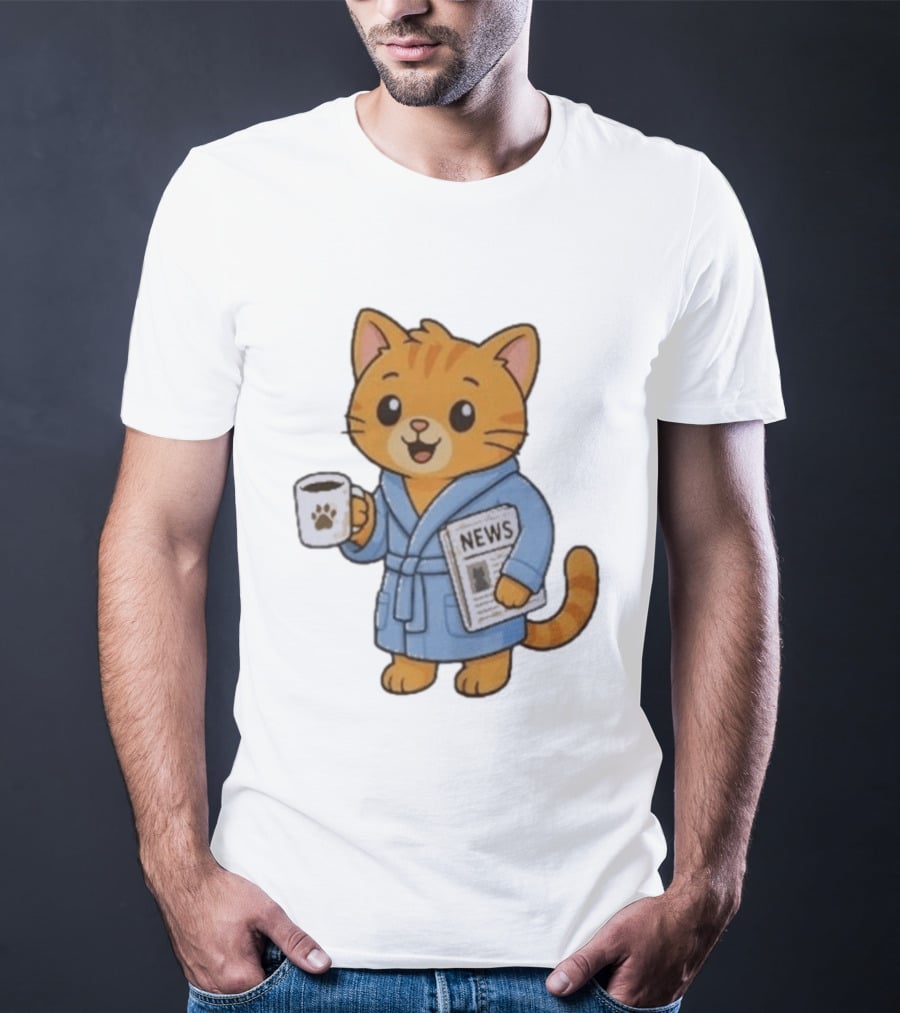 Cat In Bathrobe With Coffee And Newspaper T-Shirt