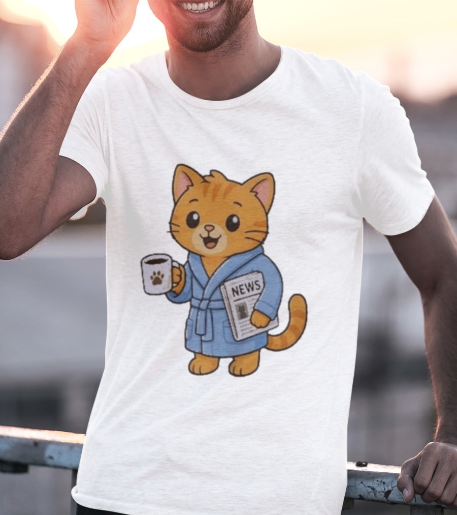 Cat In Bathrobe With Coffee And Newspaper T-Shirt
