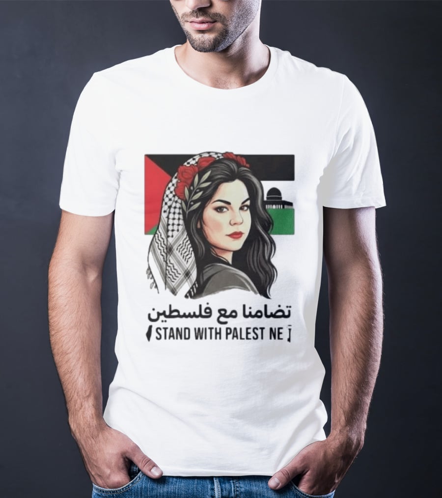 Stand With Palestine Women تضامنًا مع فلسطين Iconic Figure With Traditional Scarf And Flag T-Shirt