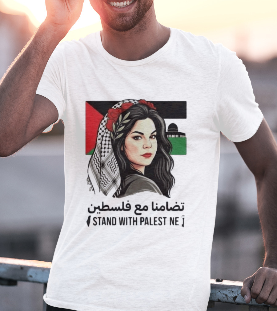 Stand With Palestine Women تضامنًا مع فلسطين Iconic Figure With Traditional Scarf And Flag T-Shirt