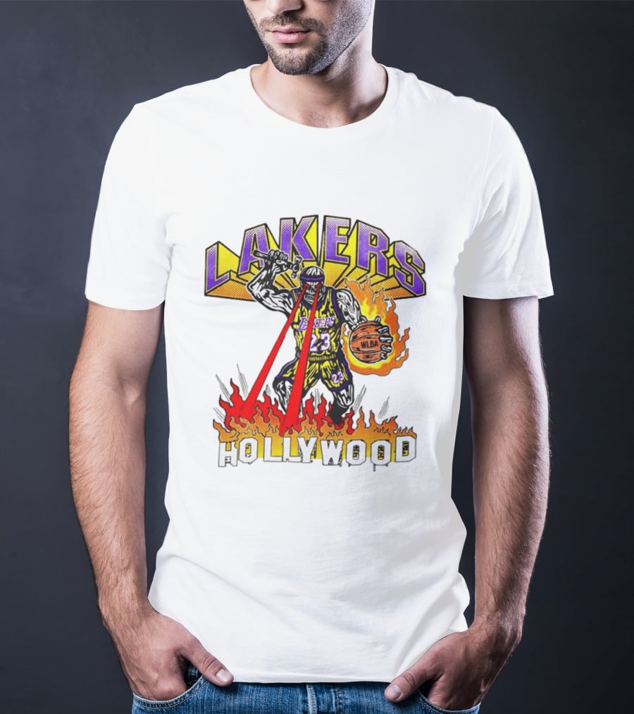 Rare Warren Lotas Los Angeles Lakers Hollywood Basketball Player Flames Laser Eyes 23 Team T-Shirt
