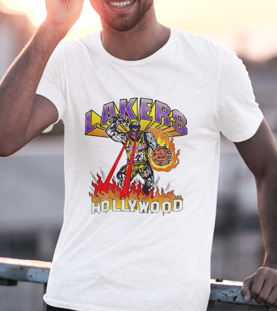 Rare Warren Lotas Los Angeles Lakers Hollywood Basketball Player Flames Laser Eyes 23 Team T-Shirt