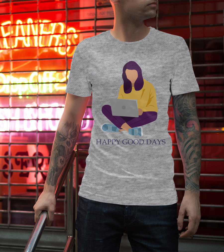 HAPPY GOOD DAYS Laptop Sitting Woman T-Shirt