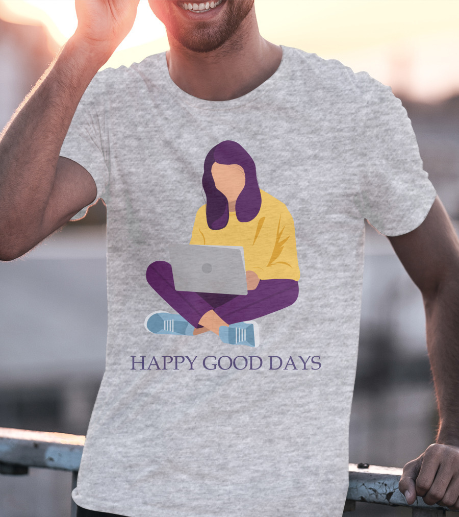 HAPPY GOOD DAYS Laptop Sitting Woman T-Shirt