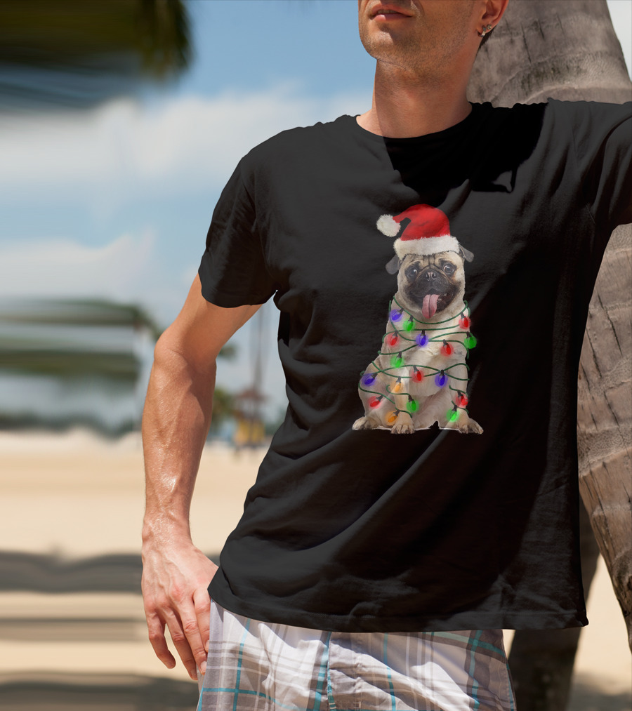 Christmas Pug Wrapped In Festive Lights Wearing Santa Hat T-Shirt