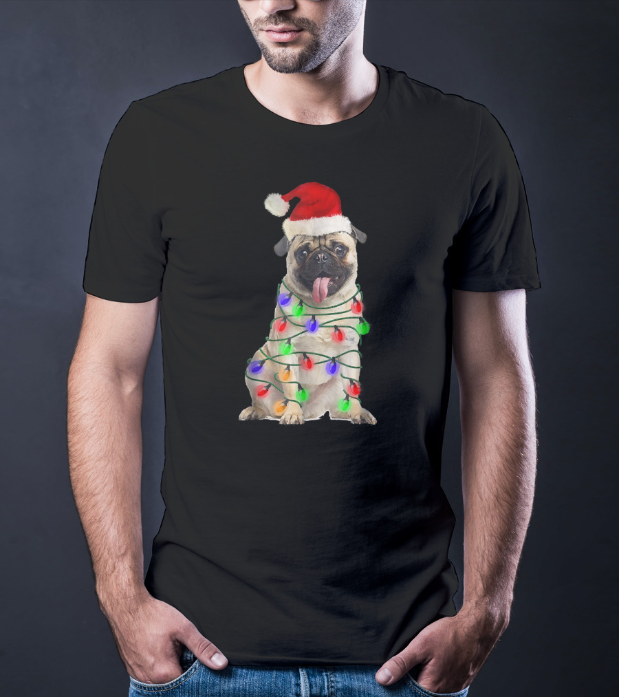 Christmas Pug Wrapped In Festive Lights Wearing Santa Hat T-Shirt