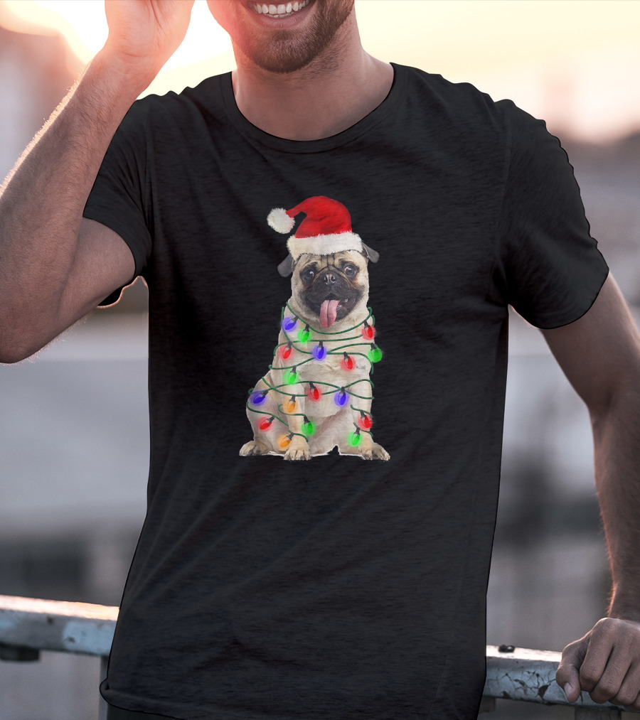 Christmas Pug Wrapped In Festive Lights Wearing Santa Hat T-Shirt