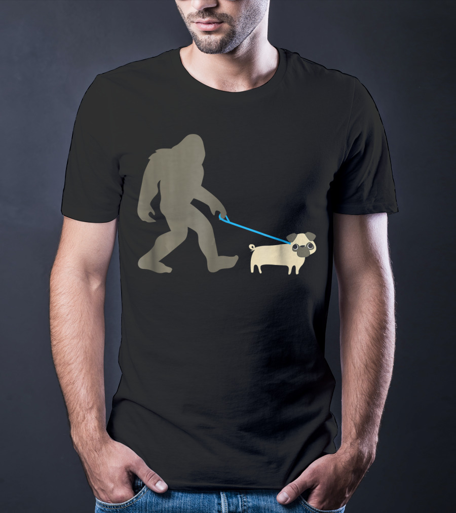 Bigfoot Walking Pug Funny Cute Sasquatch Dog Leash T-Shirt